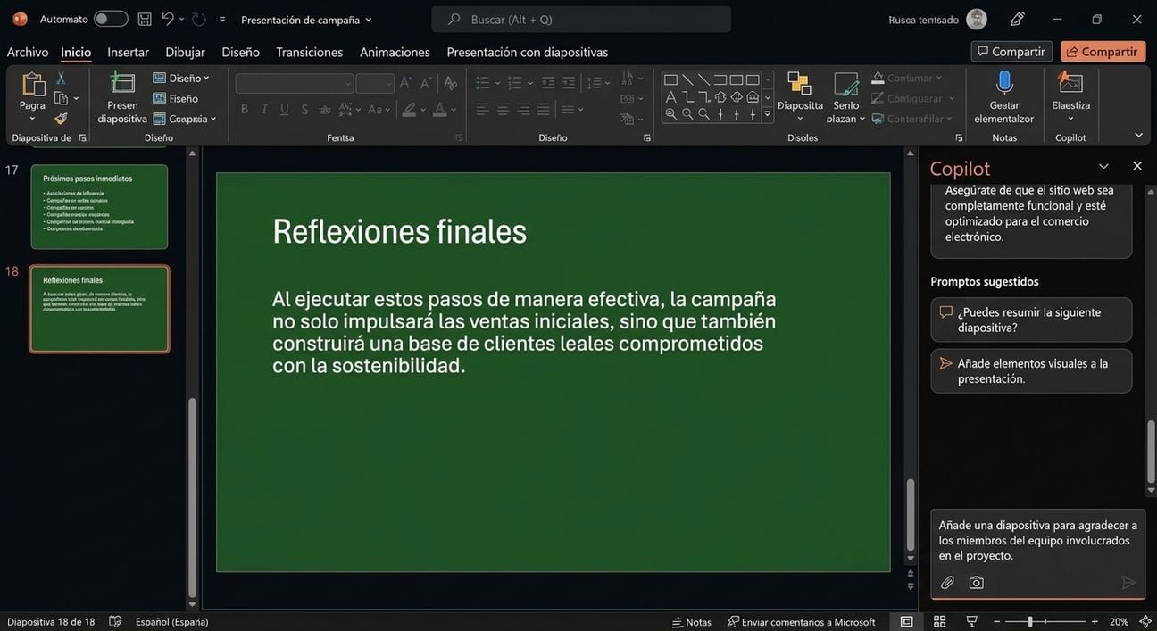 Diapositiva de PowerPoint con el chat de Copilot abierto, en el que se muestra una conversación con un usuario que pide que se añada otra diapositiva.