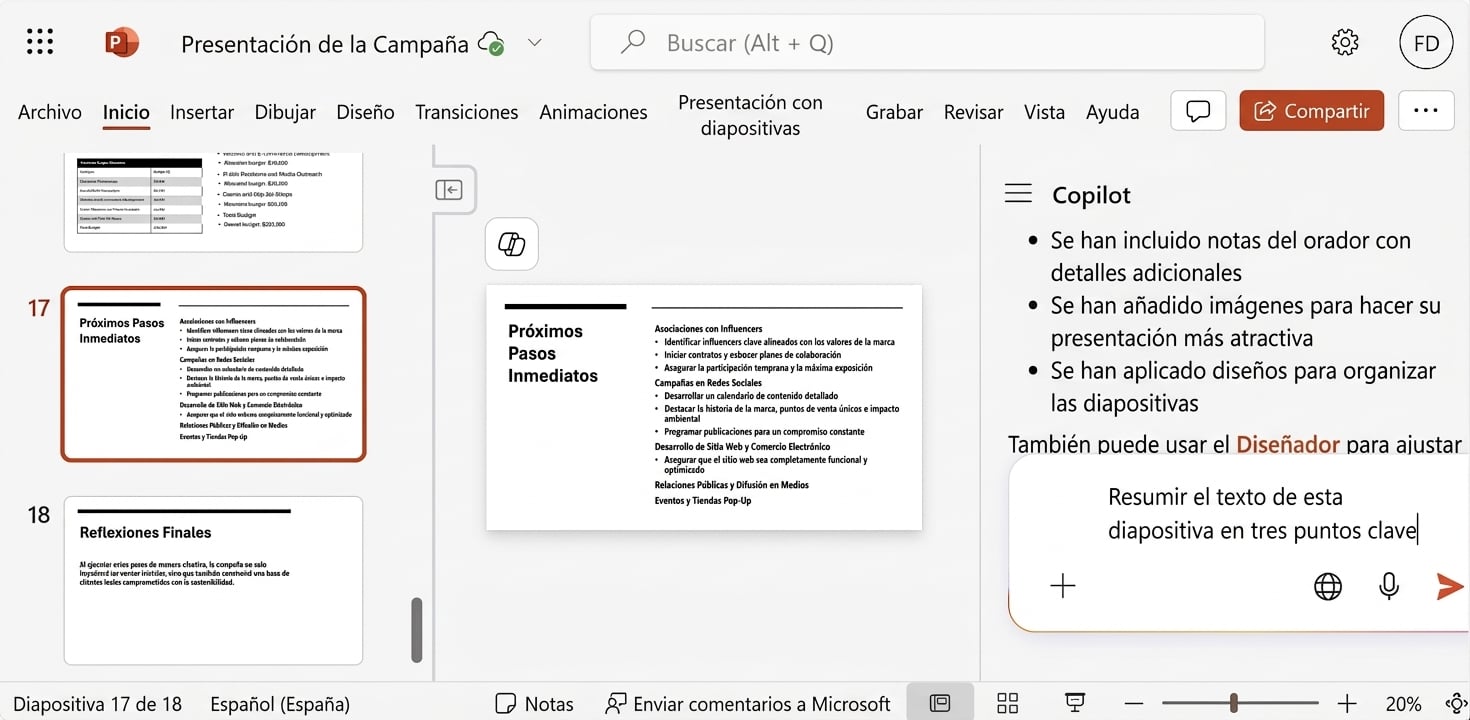 Captura de pantalla de una diapositiva de PowerPoint con el chat de Copilot abierto en un lado y un usuario pidiendo que se resuma el texto de la diapositiva.