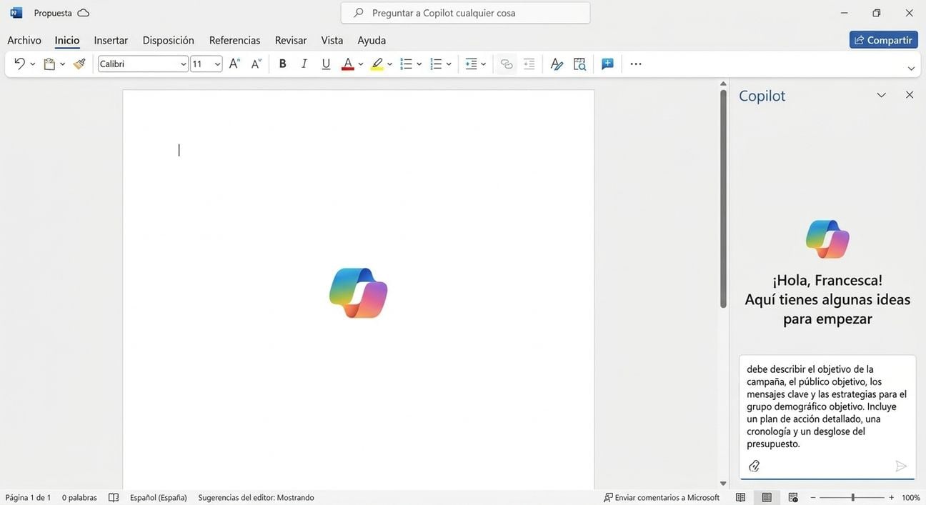 Captura de pantalla de un chat de Copilot abierto con la solicitud \"crea una propuesta de proyecto para una nueva campaña de marketing\" y el documento para la propuesta de campaña de marketing creado por Copilot.