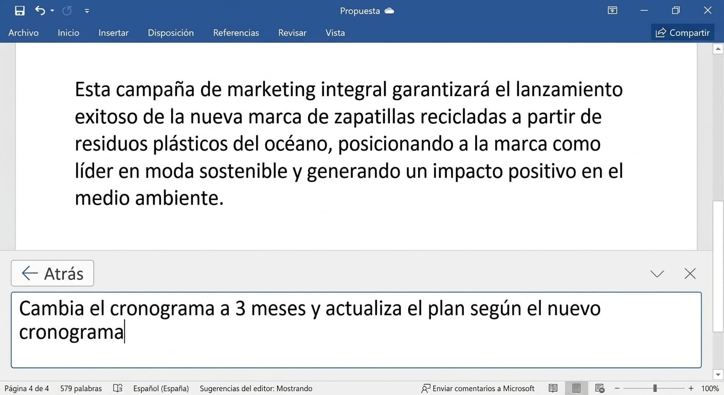 Chat de Copilot abierto en el que el usuario pide que se cambie la línea de tiempo de la fecha.