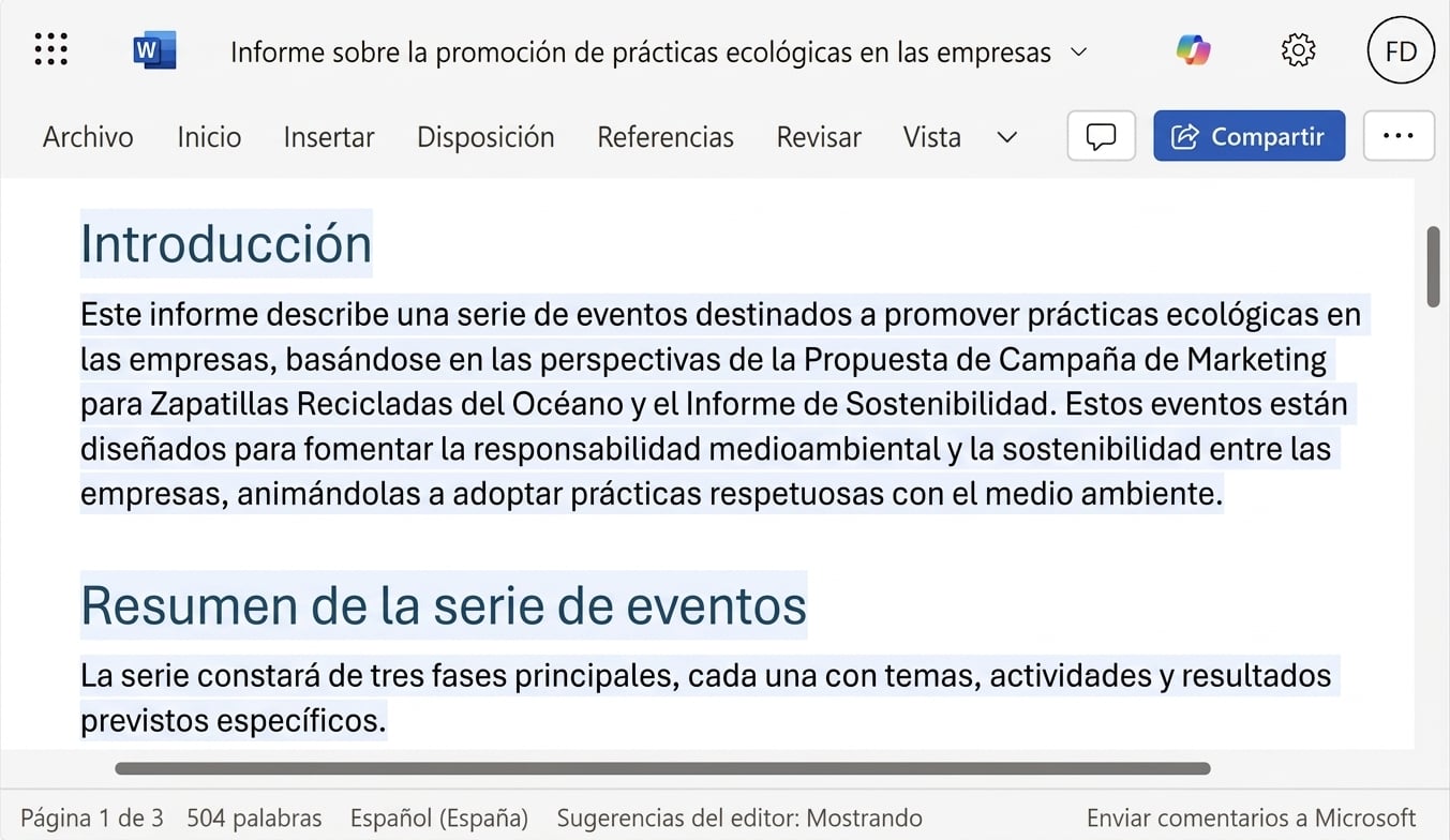 El borrador de informe de Copilot que usa dos documentos existentes.