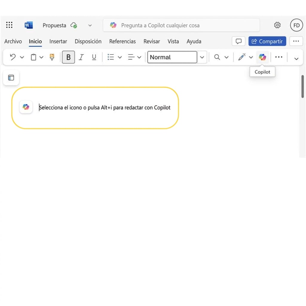 Captura de pantalla de un documento en blanco en Word con pulsa ALT+I para crear un borrador con Copilot resaltado