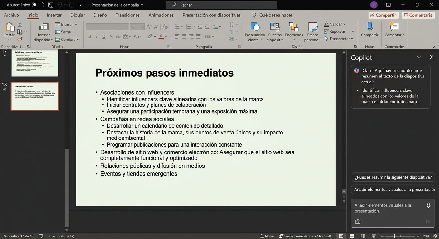 Captura de pantalla de una diapositiva de PowerPoint con el chat de Copilot abierto, en el que se muestra una conversación con un usuario.