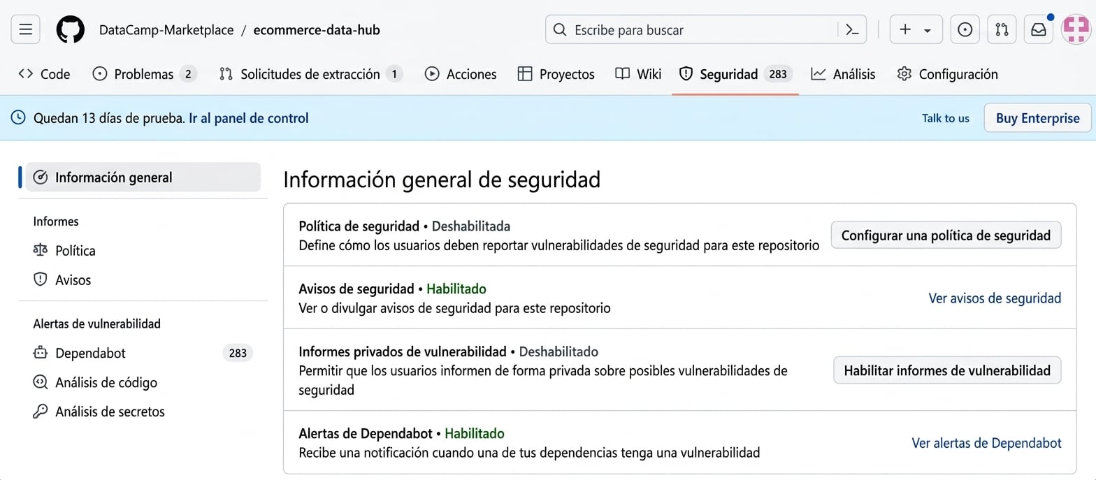 Comprobar Dependabot Alerts en la pestaña Security