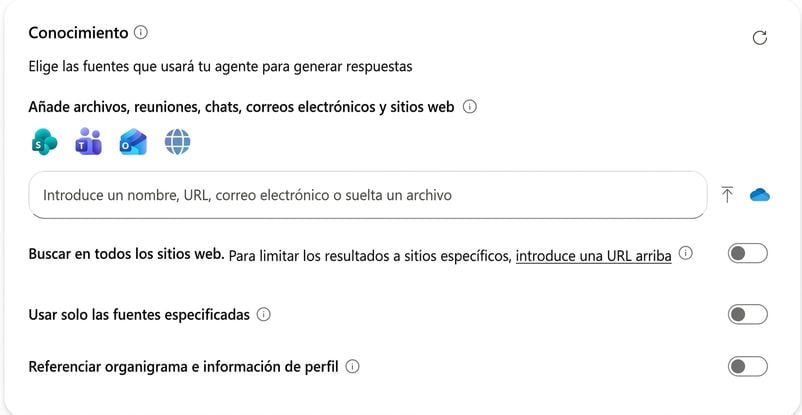 El panel Knowledge con una única fuente añadida en Agent Builder