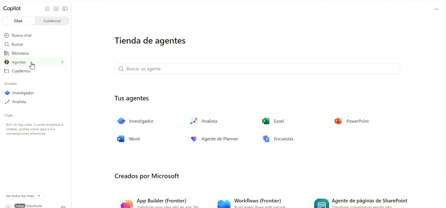 La Agent Store en Copilot, mostrando Researcher y Analyst entre los agentes integrados