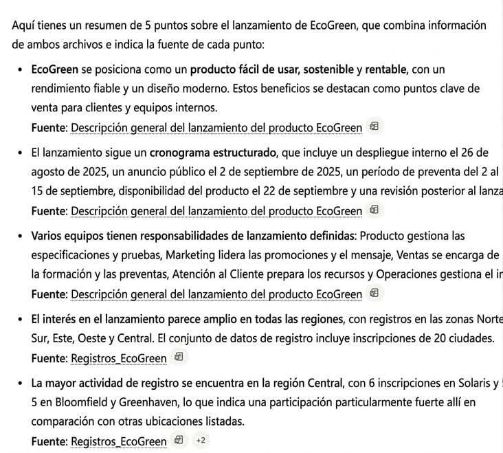 Resumen de cinco puntos de Copilot entre archivos, cada punto nombra si proviene del informe de Word o del archivo de Excel