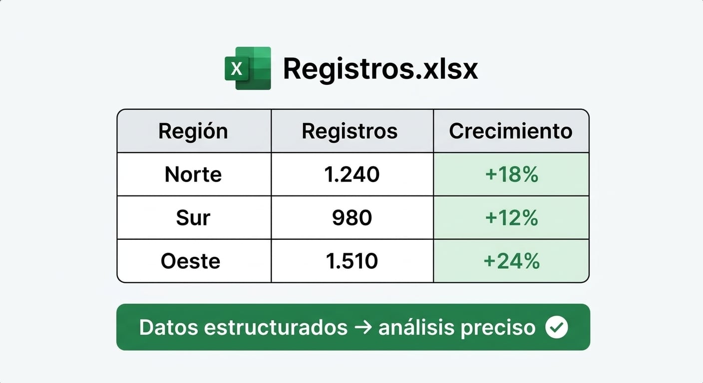 Una hoja estructurada - Registrations.xlsx con columnas Region, Sign-ups y Growth - con el pie «datos estructurados permiten análisis precisos»