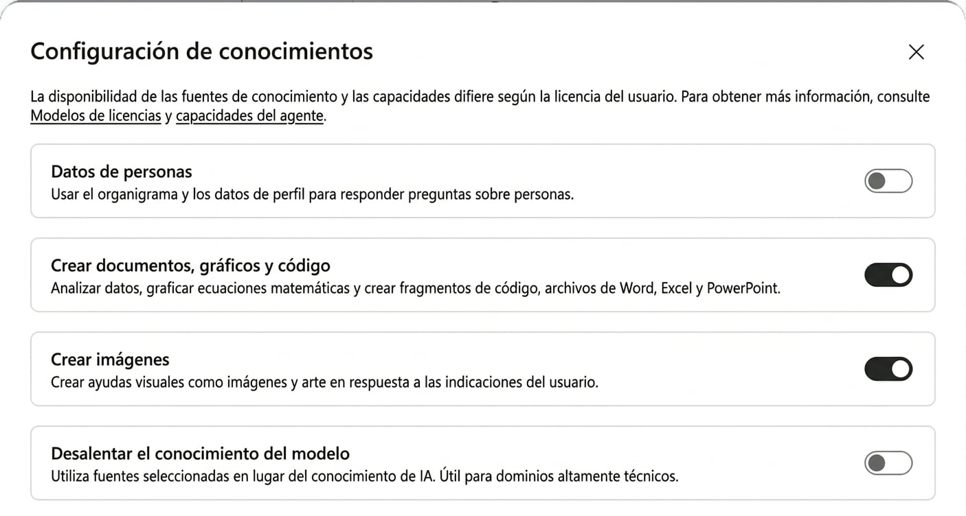 El cuadro de Knowledge settings con Create documents, charts, and code y Create images activados