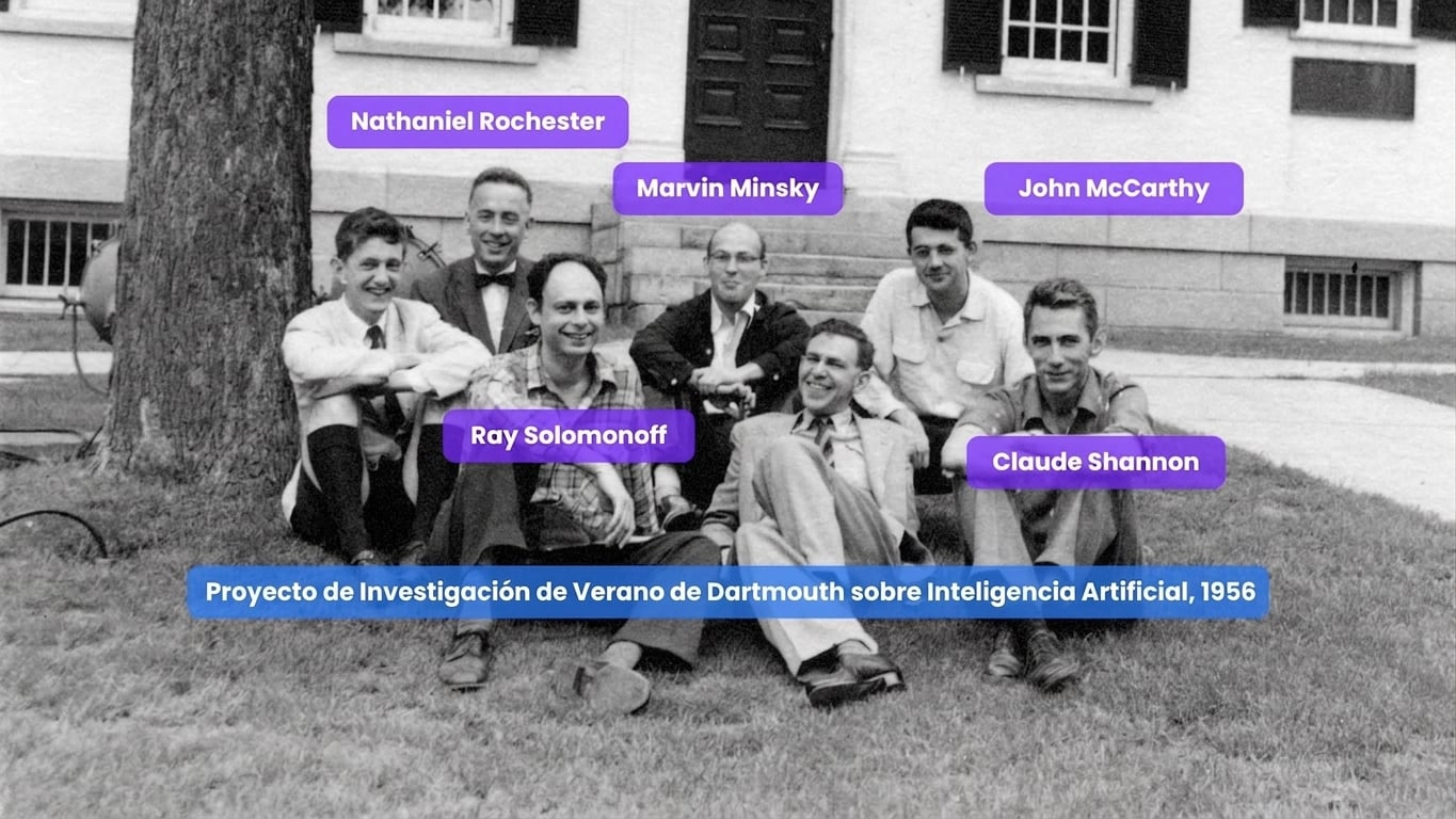 Imagen de estilo fotográfico histórico de la conferencia de Dartmouth de 1956 con investigadores