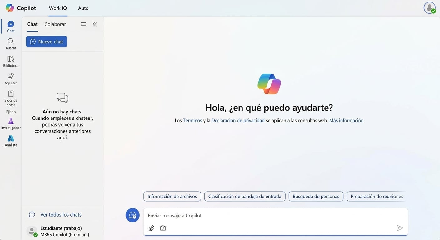 La app de chat de Microsoft Copilot, iniciada con una cuenta del trabajo