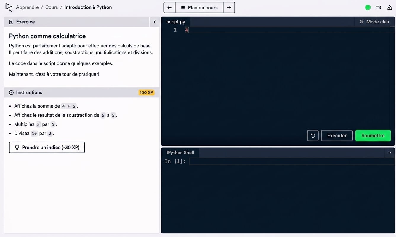 GIF : saisie de 4 + 5 dans le script et clic sur Soumettre la réponse. Aucun résultat affiché.