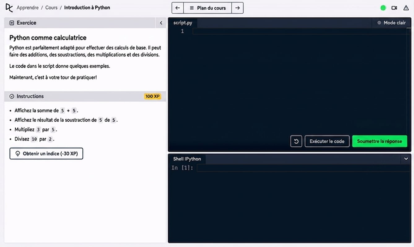 Calculs dans l'IPython Shell de DataCamp