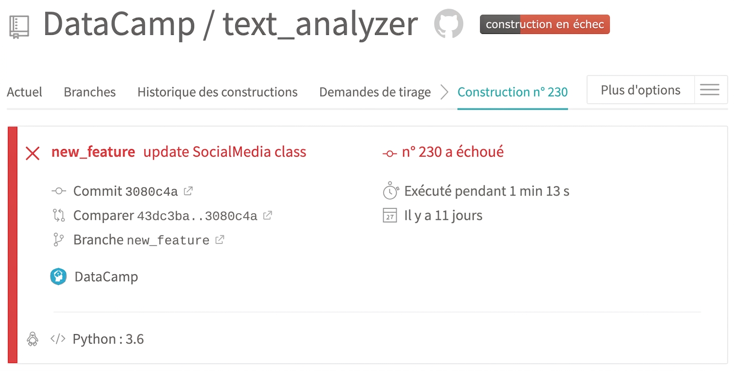 Exemple de sortie Travis – Échec