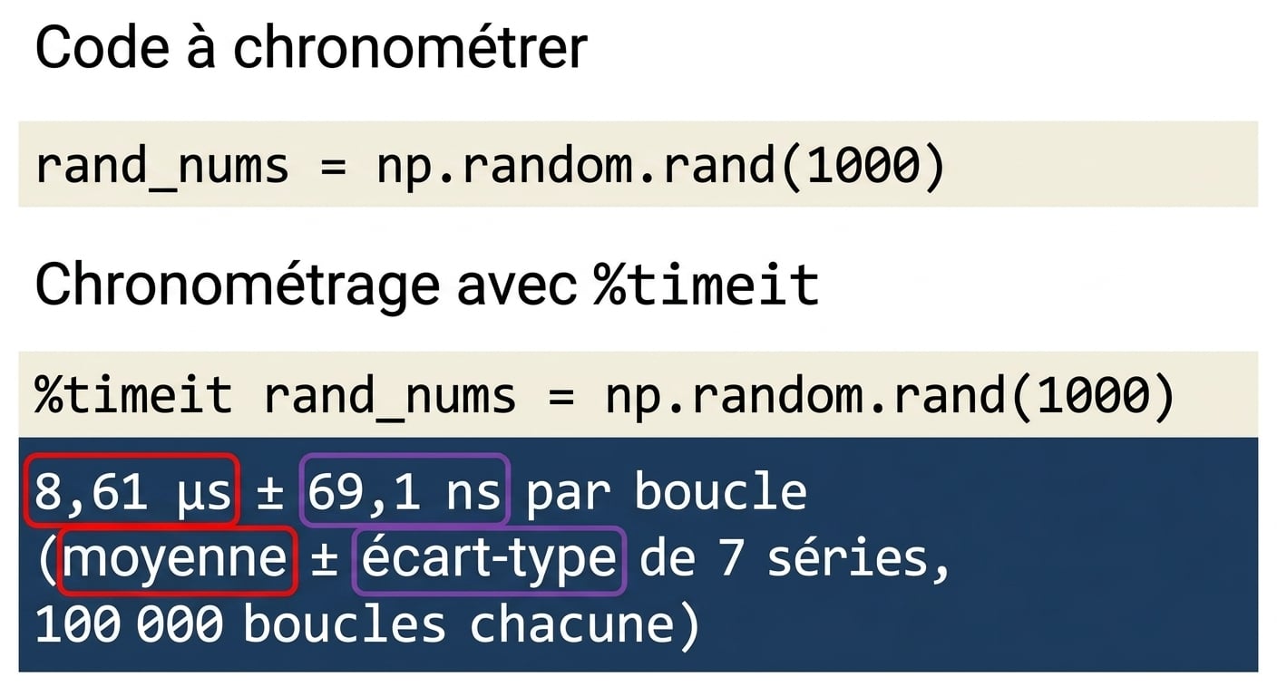 alt="Sortie de timeit avec la moyenne et l'écart type en surbrillance"