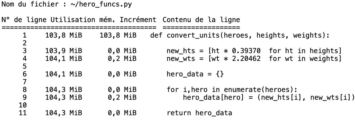 Commande magique mprun : tableau récapitulatif des statistiques de profilage de l'utilisation mémoire