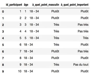 Les 10 premières lignes du DataFrame masculinity