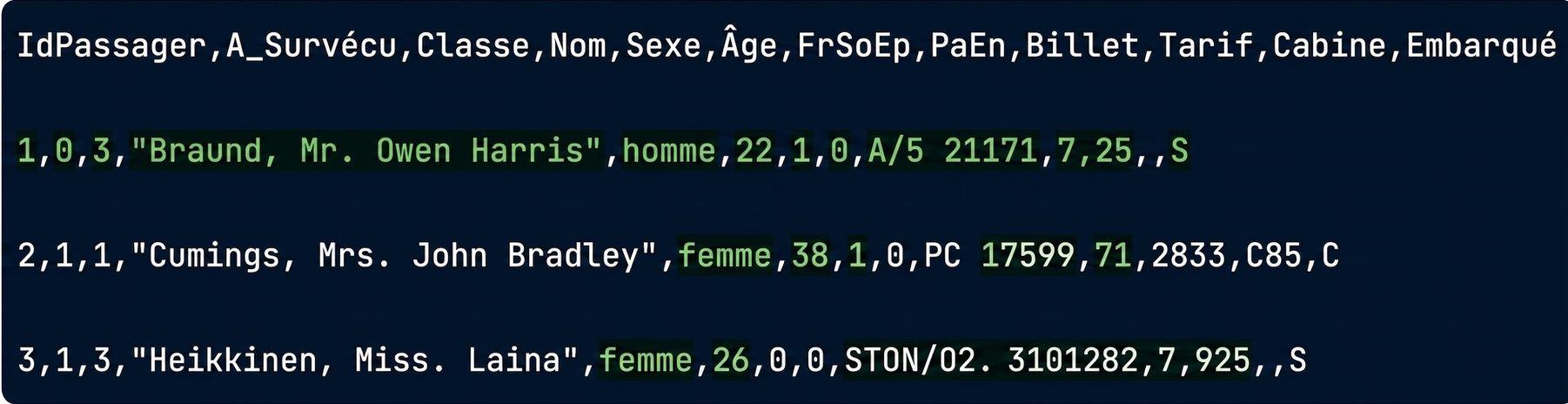 titanic.csv avec une ligne en surbrillance