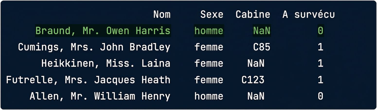 titanic.csv with a row highlighted