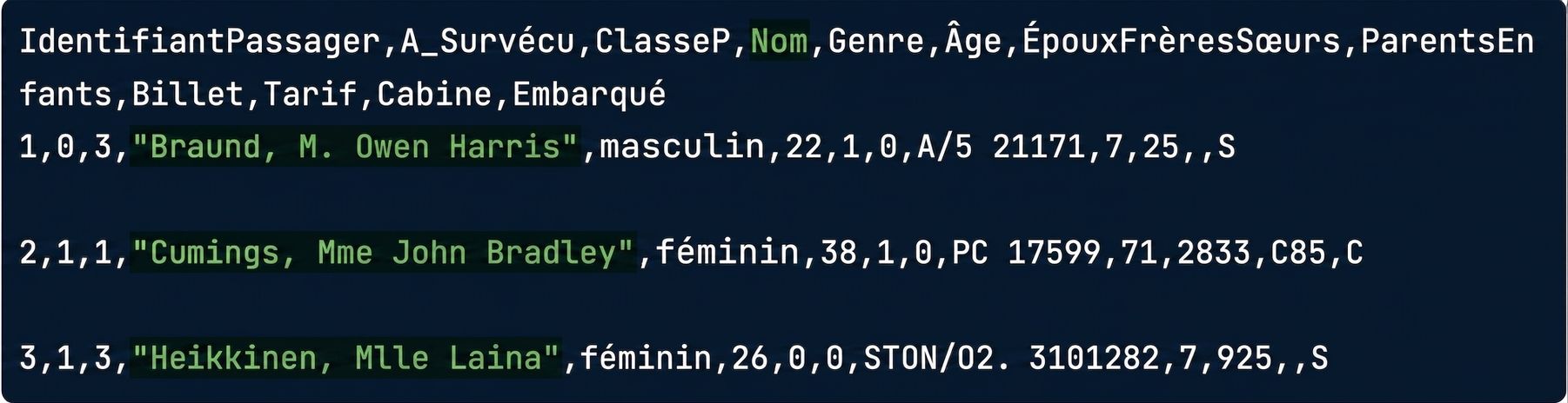 titanic.csv avec une colonne en surbrillance