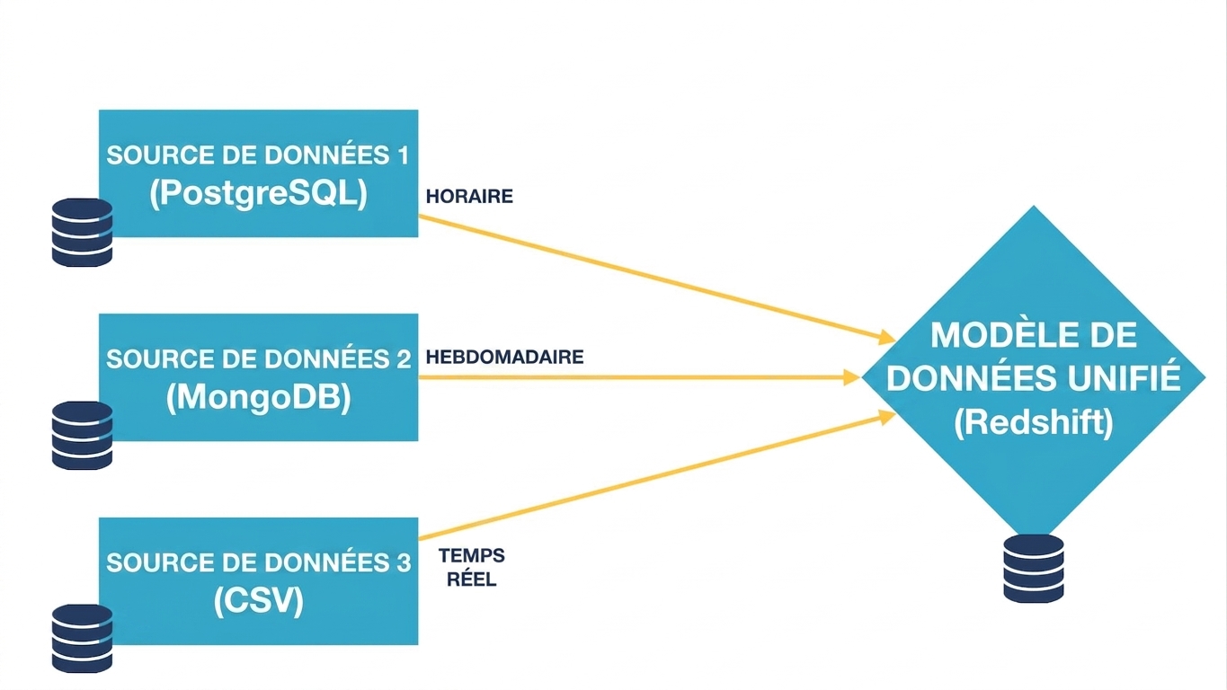 Les trois sources de données se connectent au modèle de données unifié