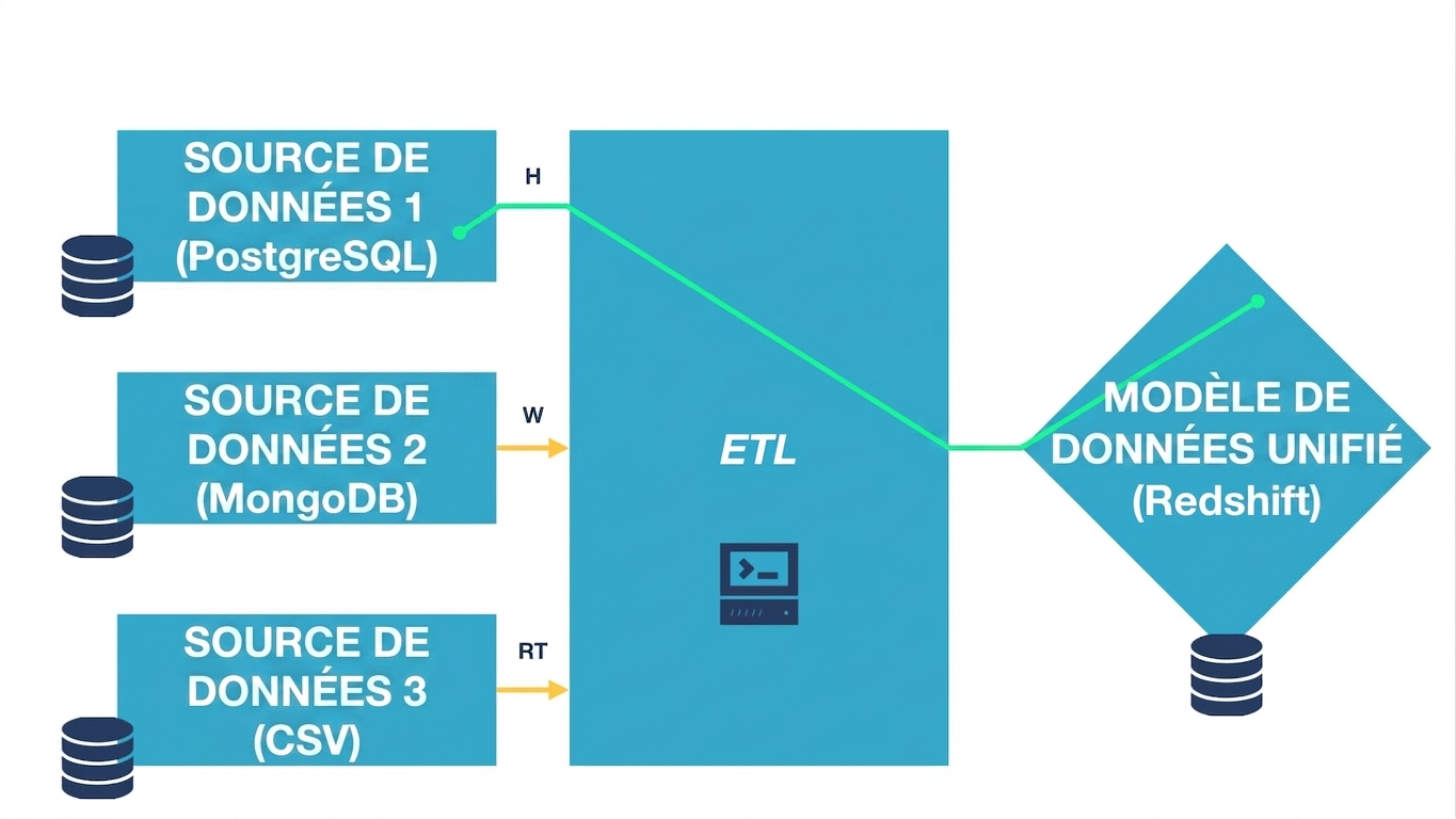 Schéma ETL avec une ligne représentant le flux de données, de la source à la destination