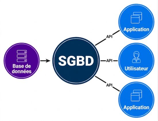 Schéma : interface du SGBD entre la base de données et les utilisateurs finaux