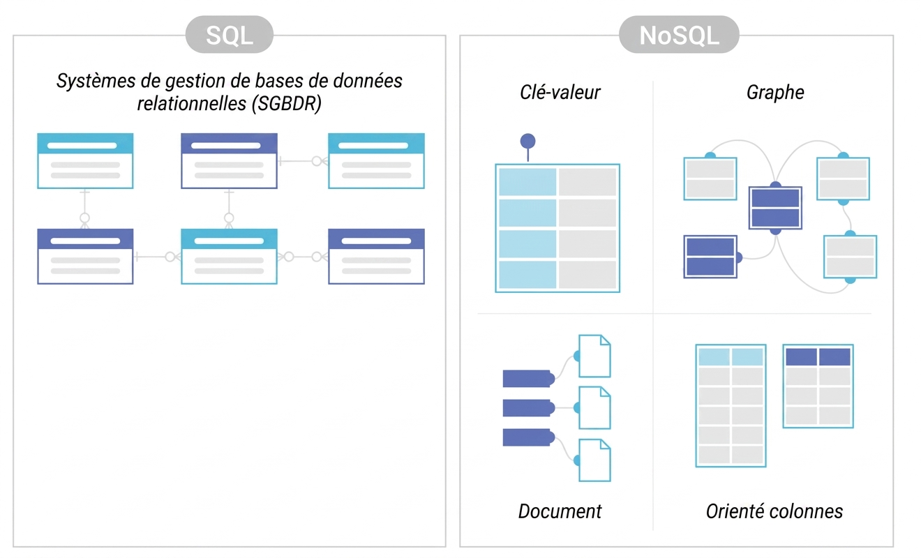 Schéma comparant l'entreposage des SGBD SQL et NoSQL.