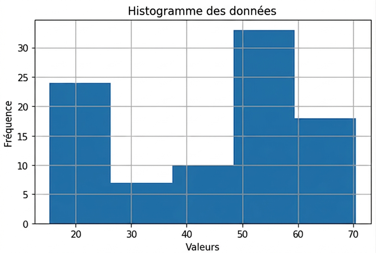 Le même histogramme des tailles de chiens que dans la diapo précédente, mais avec cinq larges compartiments.