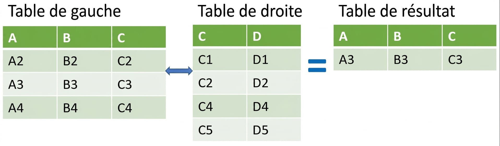 Schéma de table d'une anti-jointure où les résultats proviennent de la table de gauche moins l'intersection