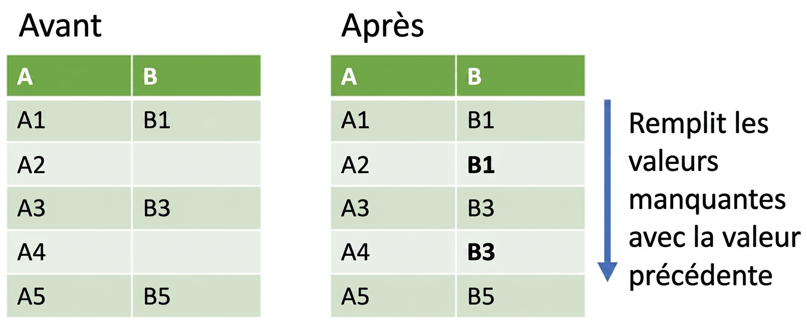 Image d'un avant/après d'un report vers l'avant. Les valeurs manquantes d'une colonne sont remplacées par la valeur précédente de cette colonne.