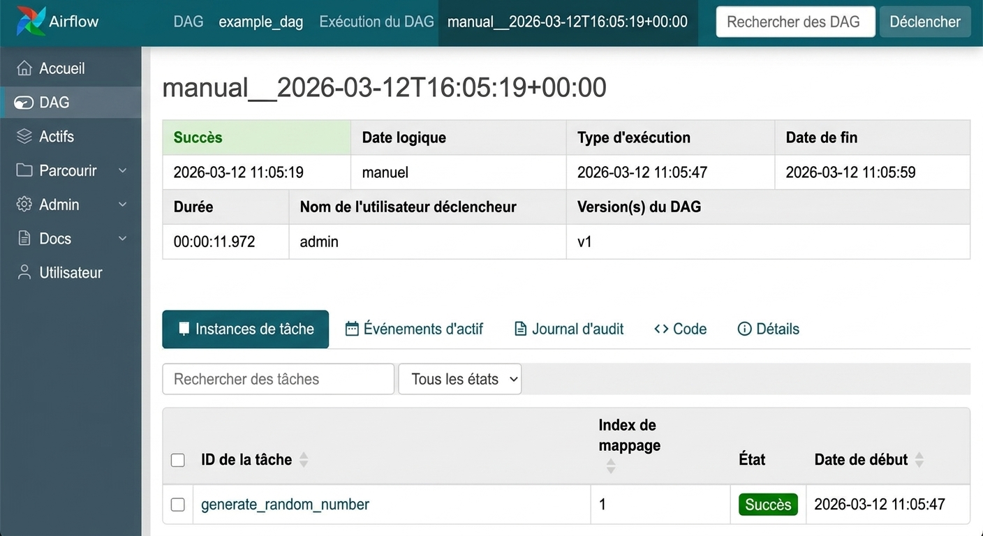 Vue des tâches d'une exécution de Dag Airflow listant les détails individuels, p. ex. generate_random_number