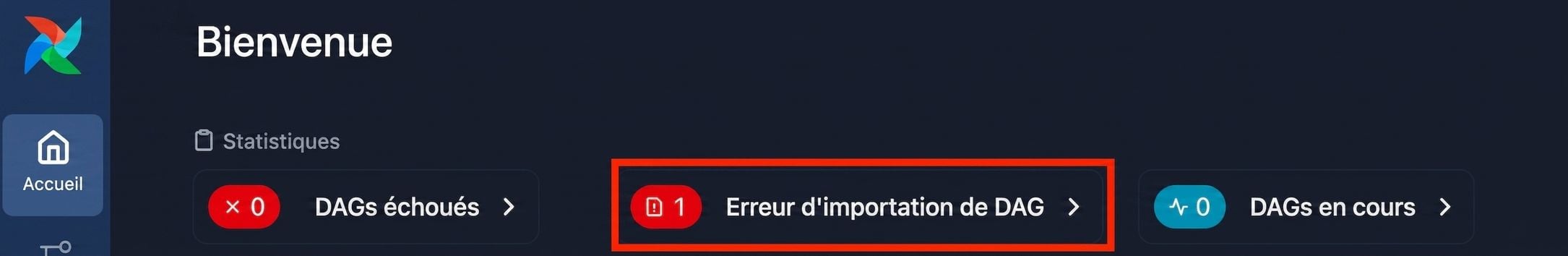 Page d'accueil d'Airflow montrant une alerte d'erreur d'importation de Dag