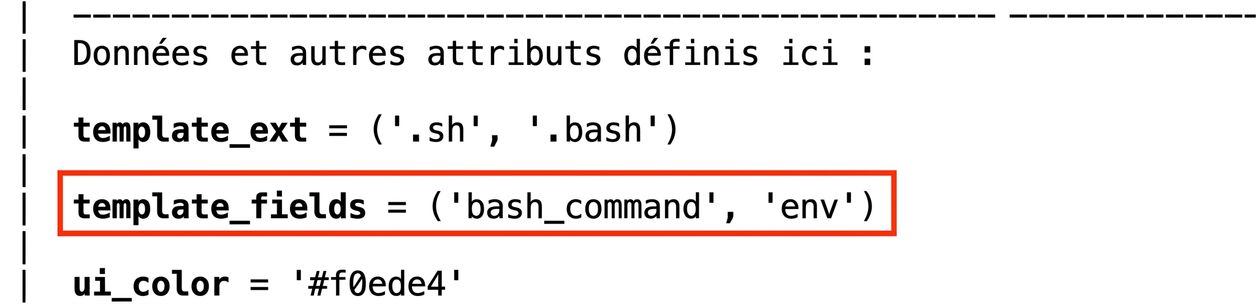 Sortie du terminal mettant en évidence la ligne template_fields dans l'aide Airflow