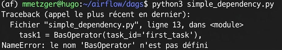 Terminal affichant une erreur de syntaxe Python en exécutant un fichier Dag avec python3