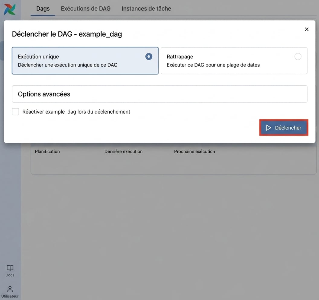 Fenêtre contextuelle de déclenchement d'un Dag avec options par défaut et bouton Trigger