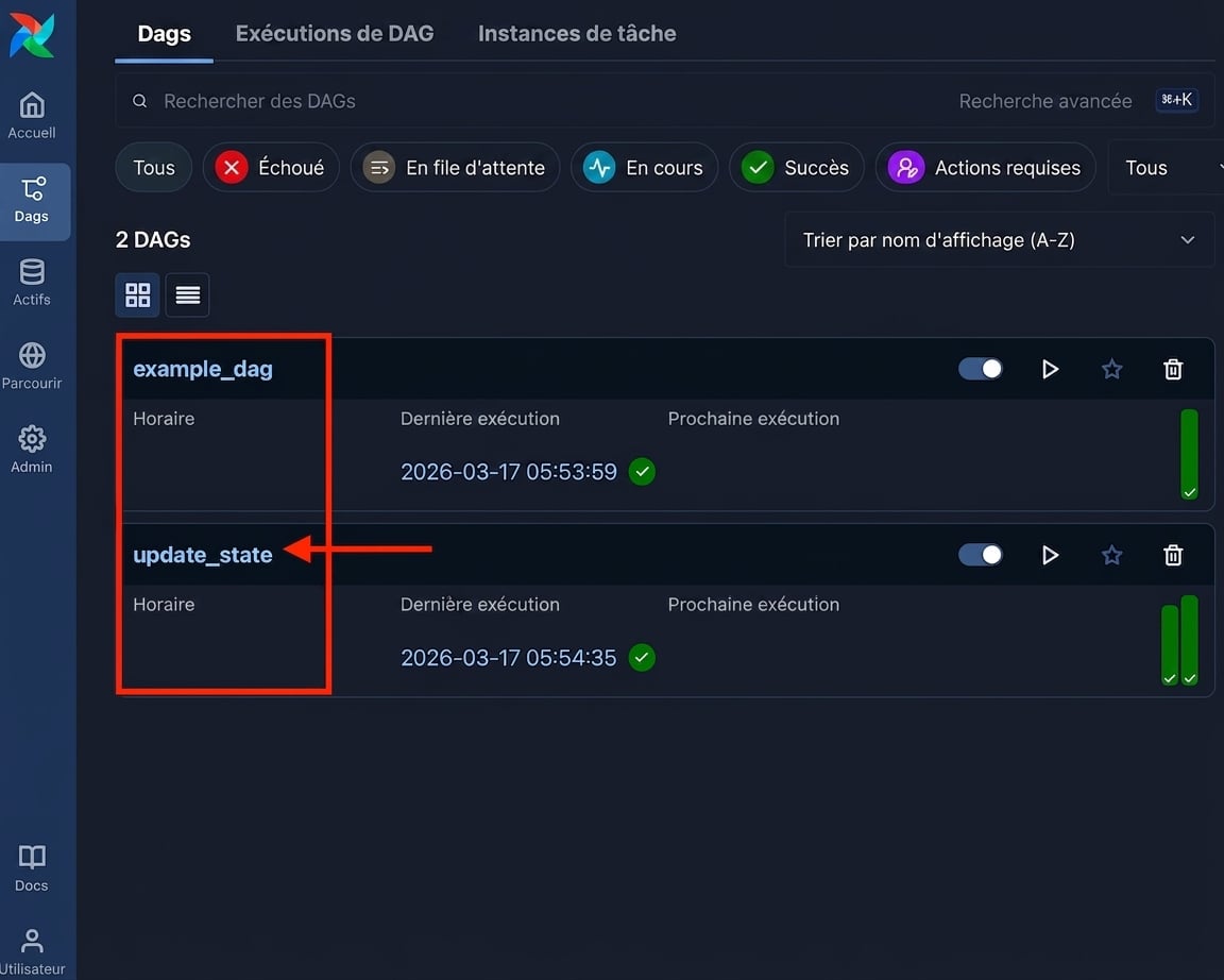 Vue Dags d'Airflow avec le lien du Dag update_state en surbrillance