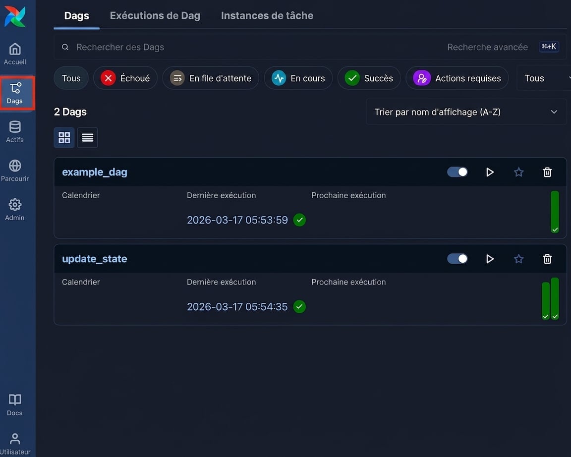 Page de vue des Dags d'Airflow listant tous les Dags disponibles