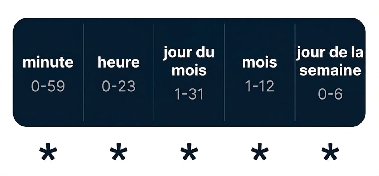 Schéma de la syntaxe cron montrant ses cinq champs temporels séparés par des espaces