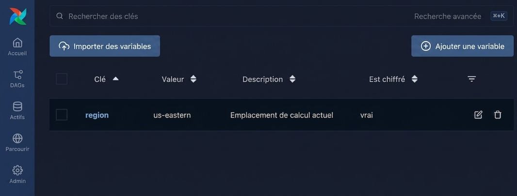 Page Variables d'Airflow affichant une variable définie dans la liste
