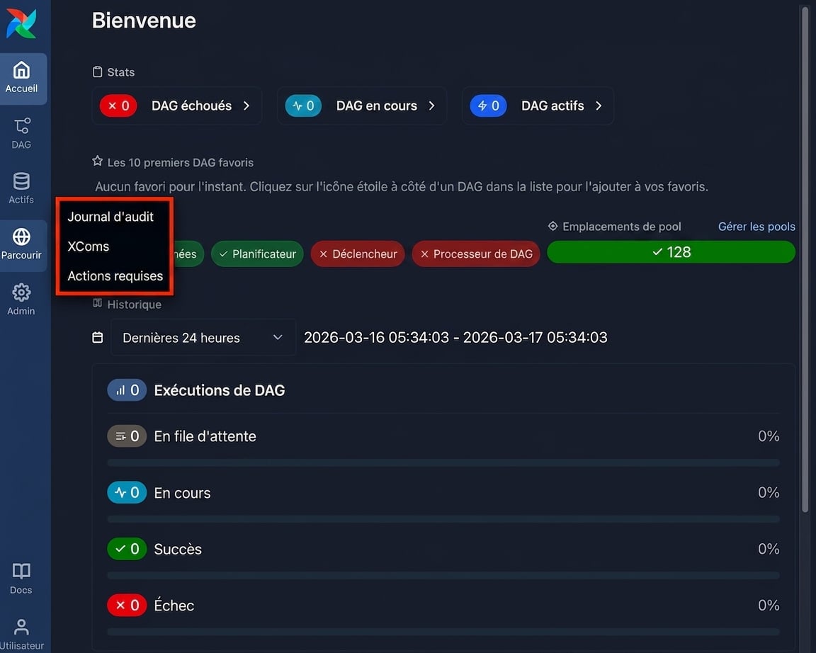 Interface d'Airflow avec le menu Parcourir ouvert affichant l'option journal d'audit