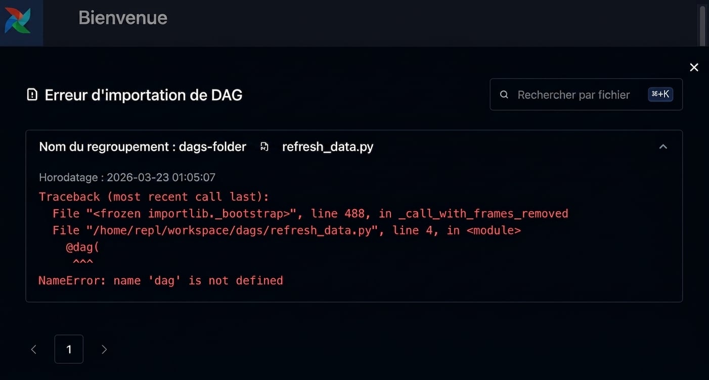 Détail d'erreur d'importation affichant la retraçage (traceback) du Dag