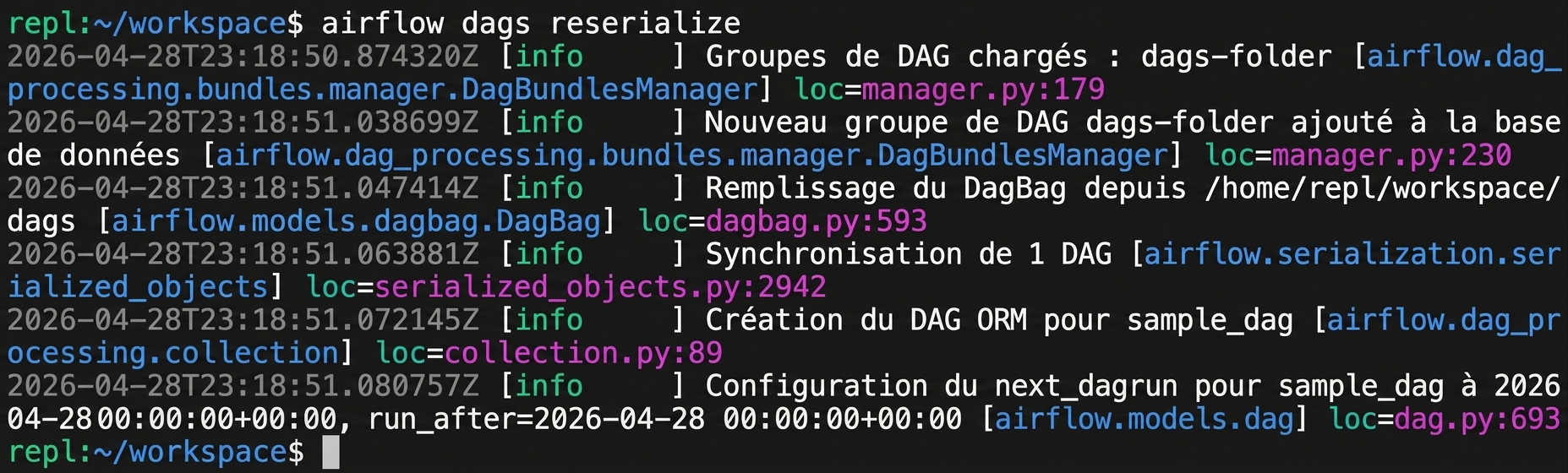 Terminal exécutant airflow dags reserialize pour forcer l'actualisation d'un Dag