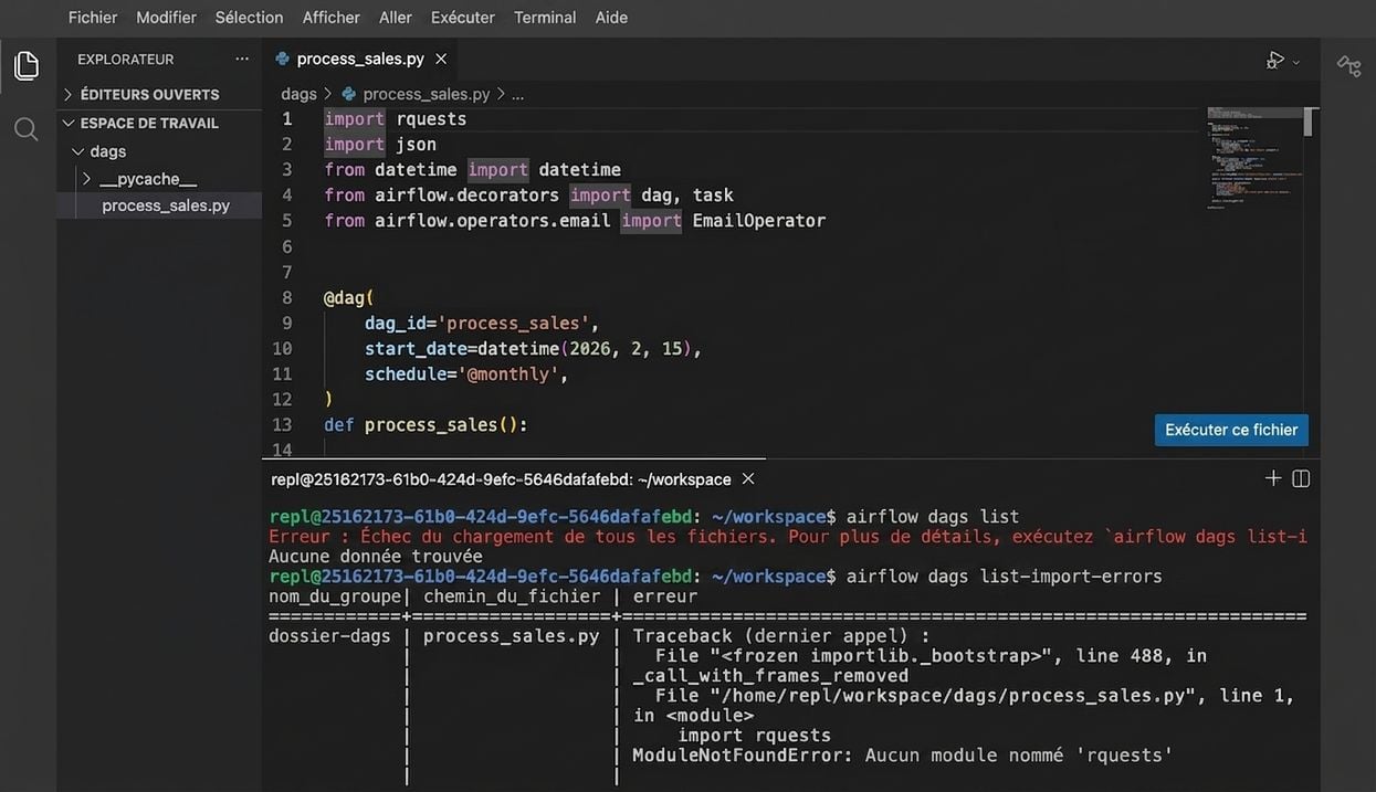 Sortie de terminal de airflow dags list-import-errors montrant une erreur