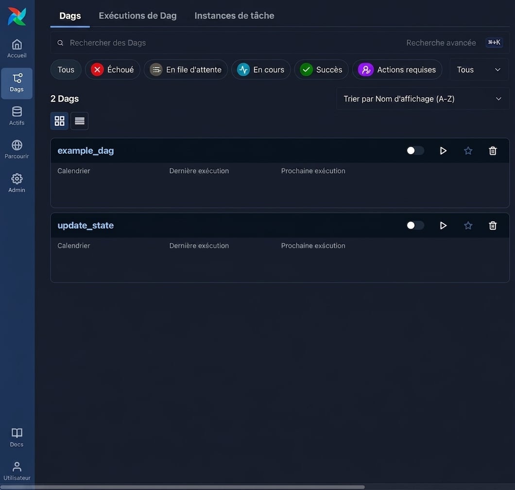Vue des Dags dans Airflow affichant deux Dags chargés avec des options d'interaction