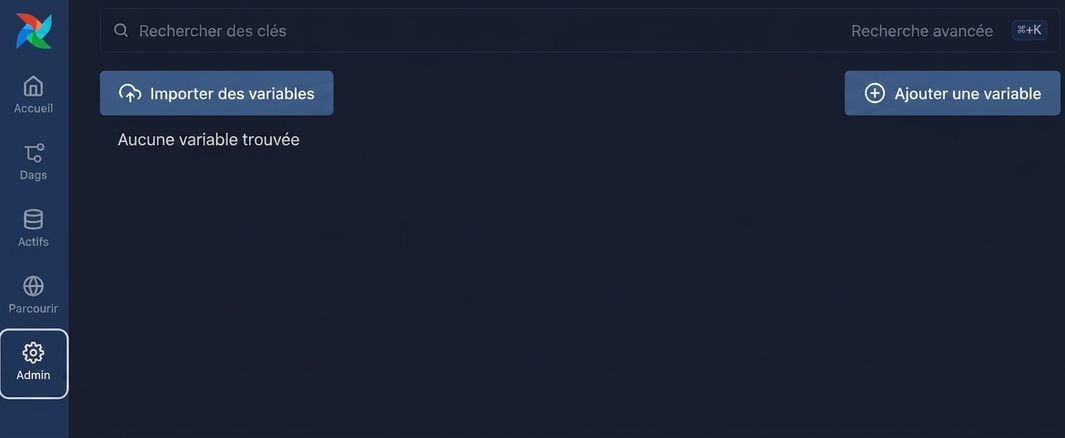 Page Variables d'Airflow avec une liste vide et aucune variable définie