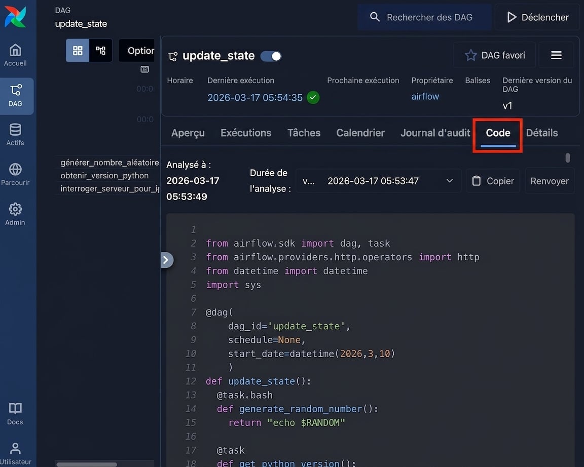 Vue code du Dag affichant le code source Python en lecture seule qui définit le Dag