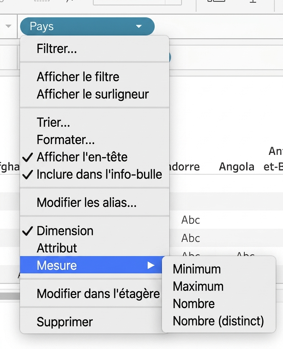 Menu déroulant Tableau pour agréger des dimensions