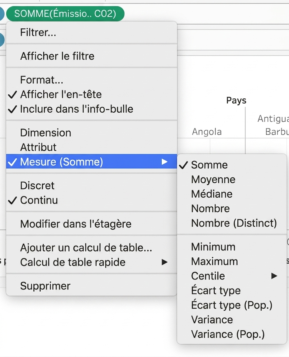 Menu déroulant Tableau pour agréger des mesures