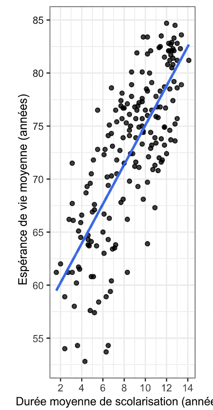 Nuage de points de l'espérance de vie moyenne selon la durée moyenne de scolarité, avec une tendance linéaire.
